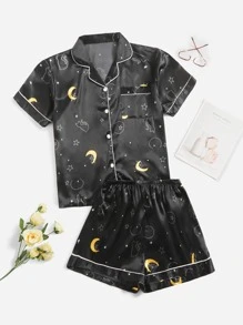 大碼月亮和卡通圖案拼接滾邊緞面上衣和短褲睡衣套裝 - 黑色 - 查看 1