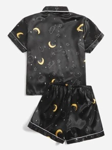 大碼月亮和卡通圖案拼接滾邊緞面上衣和短褲睡衣套裝 - 黑色 - 查看 2