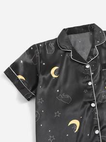 大碼月亮和卡通圖案拼接滾邊緞面上衣和短褲睡衣套裝 - 黑色 - 查看 3