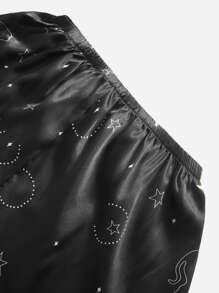 大碼月亮和卡通圖案拼接滾邊緞面上衣和短褲睡衣套裝 - 黑色 - 查看 4