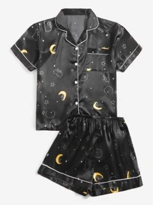 大碼月亮和卡通圖案拼接滾邊緞面上衣和短褲睡衣套裝 - 黑色 - 查看 5