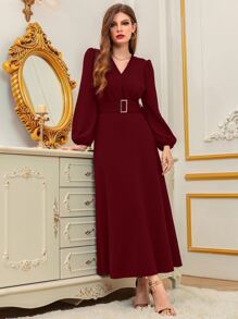 Modelyn Burgundy Red Surplice Neck Lantern Sleeve Belted Dress