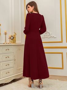 Modelyn Burgundy Red Surplice Neck Lantern Sleeve Belted Dress