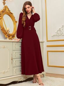Modelyn Burgundy Red Surplice Neck Lantern Sleeve Belted Dress