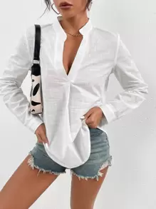 SHEIN Essnce Notched Neckline Curved Hem Blouse - White - View 1