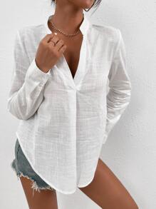 SHEIN Essnce Notched Neckline Curved Hem Blouse - White - View 3