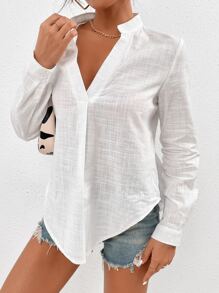 SHEIN Essnce Notched Neckline Curved Hem Blouse - White - View 5