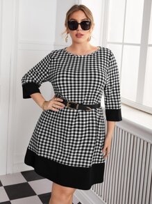 SHEIN Clasi Plus Gingham Tee Dress Without Belt - Black and White - View 1
