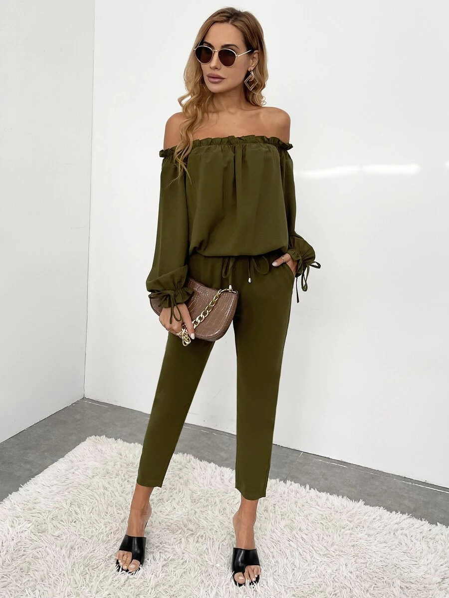 一字肩褶邊荷葉袖連身褲 - 軍綠色 - 查看 1
