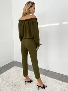 一字肩褶邊荷葉袖連身褲 - 軍綠色 - 查看 2