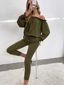 一字肩褶邊荷葉袖連身褲 - 軍綠色 - 查看 3