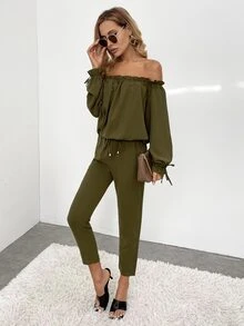 一字肩褶邊荷葉袖連身褲 - 軍綠色 - 查看 5