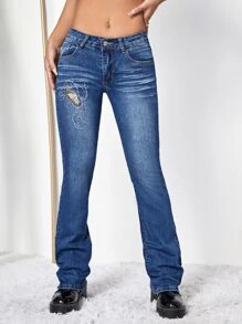 蝴蝶刺繡牛仔喇叭褲 - 中等水洗藍 - 查看 1