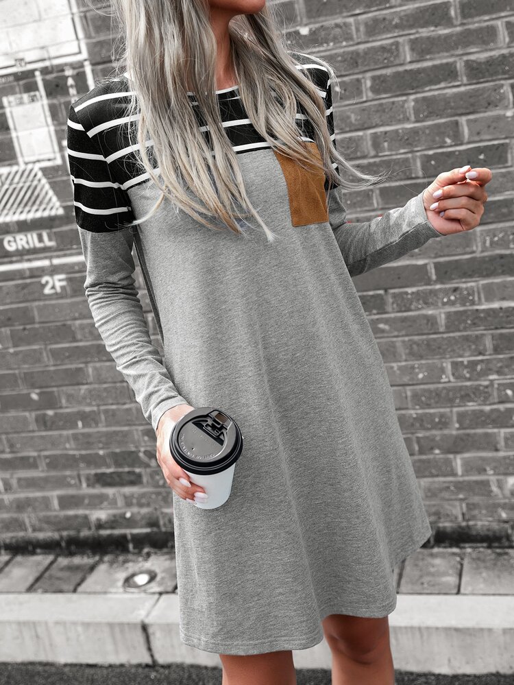 SHEIN LUNE Striped Print Colorblock Tee Dress - Grey - View 3