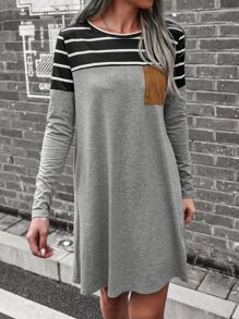 SHEIN LUNE Striped Print Colorblock Tee Dress