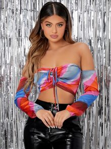 SHEIN SXY Off Shoulder Drawstring Ruched Tie Dye Top - Multicolor - View 1