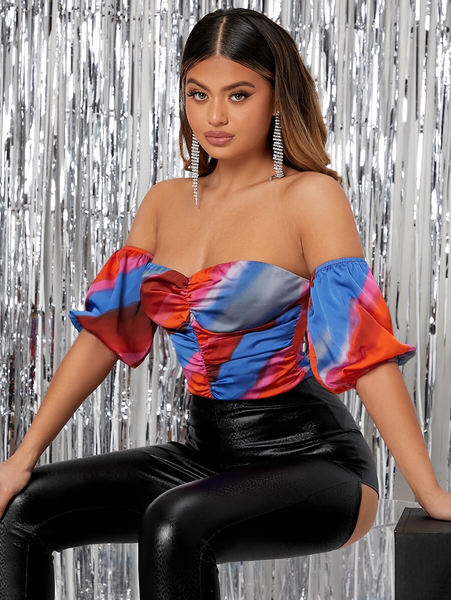 SHEIN SXY Body de hombros descubiertos con estampado de tie dye fruncido con cremallera trasera - Multicolor - Ver 1