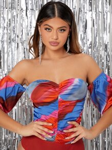 SHEIN SXY Body de hombros descubiertos con estampado de tie dye fruncido con cremallera trasera - Multicolor - Ver 5