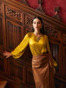 SHEIN Unity Viscose Jacquard Balloon Sleeve Top - Yellow - View 4