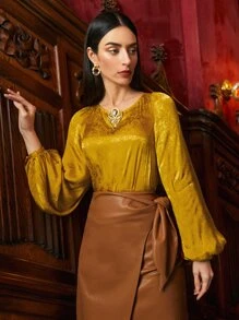 SHEIN Unity Viscose Jacquard Balloon Sleeve Top - Yellow - View 2