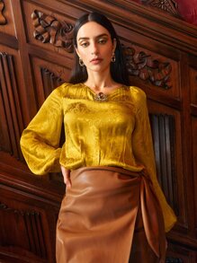 SHEIN Unity Viscose Jacquard Balloon Sleeve Top - Yellow - View 3