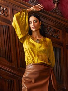 SHEIN Unity Viscose Jacquard Balloon Sleeve Top - Yellow - View 5