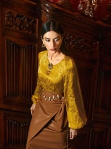 SHEIN Unity Viscose Jacquard Balloon Sleeve Top - Yellow - View 6