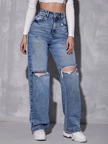 SHEIN ICON 高腰破洞男友牛仔褲 - 淺色水洗藍 - 查看 3