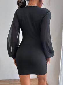 SHEIN Privé Vestido ajustado de cuello profundo con abertura de manga farol fruncido - Negro - Ver 2