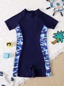 Boys Camo Print One Piece Swimsuit - Navy Blue - View 1