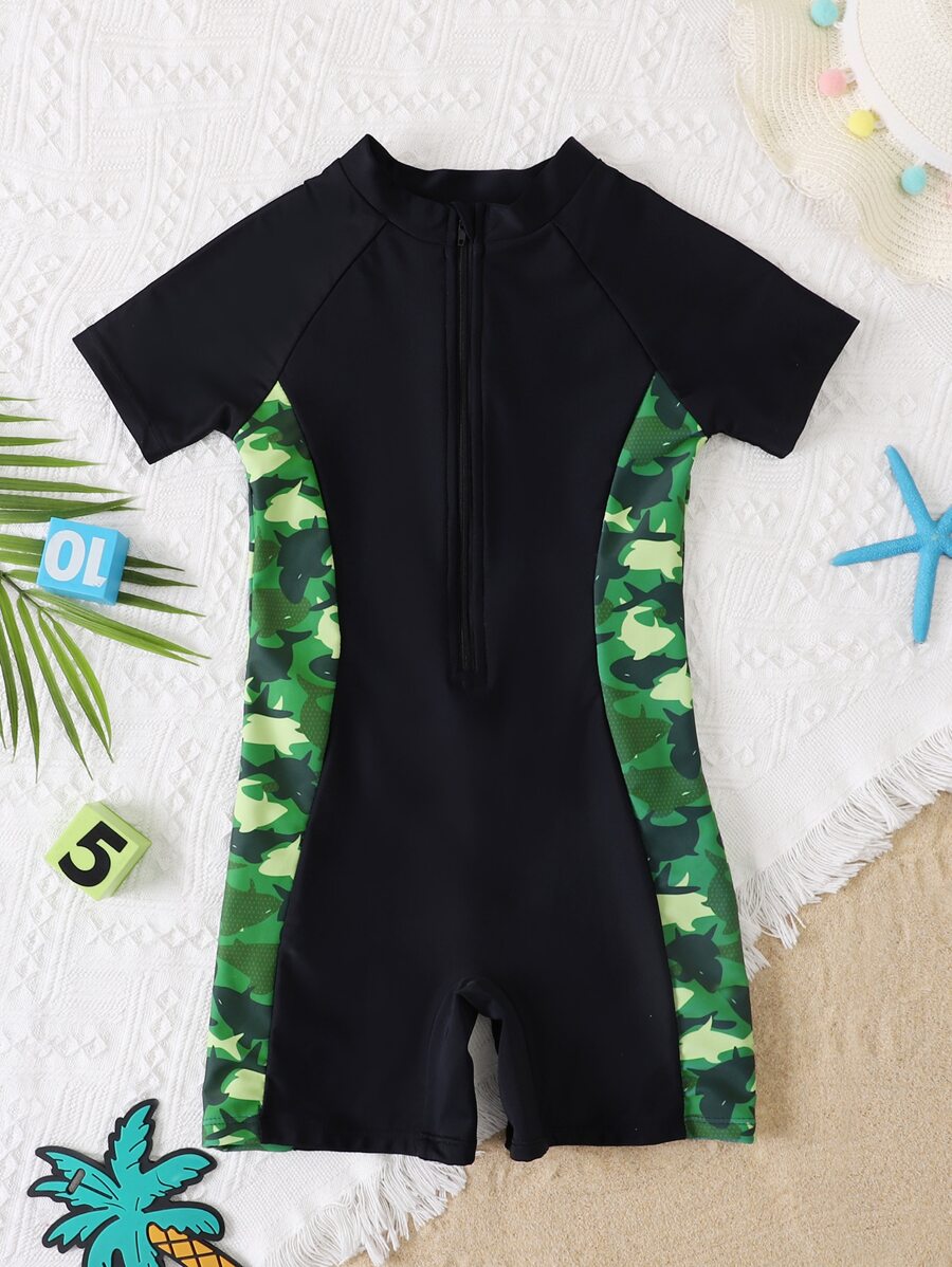 Boys Random Print Zipper Front One Piece Swimsuit - Black - View 1