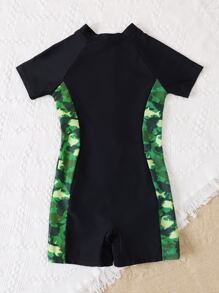 Boys Random Print Zipper Front One Piece Swimsuit - Black - View 2