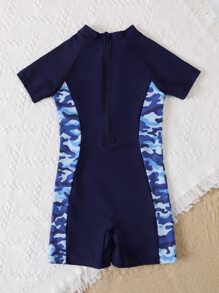 Boys Camo Print One Piece Swimsuit - Navy Blue - View 2