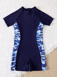 Boys Camo Print One Piece Swimsuit - Navy Blue - View 5