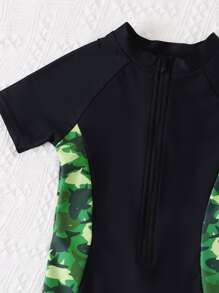Boys Random Print Zipper Front One Piece Swimsuit - Black - View 4