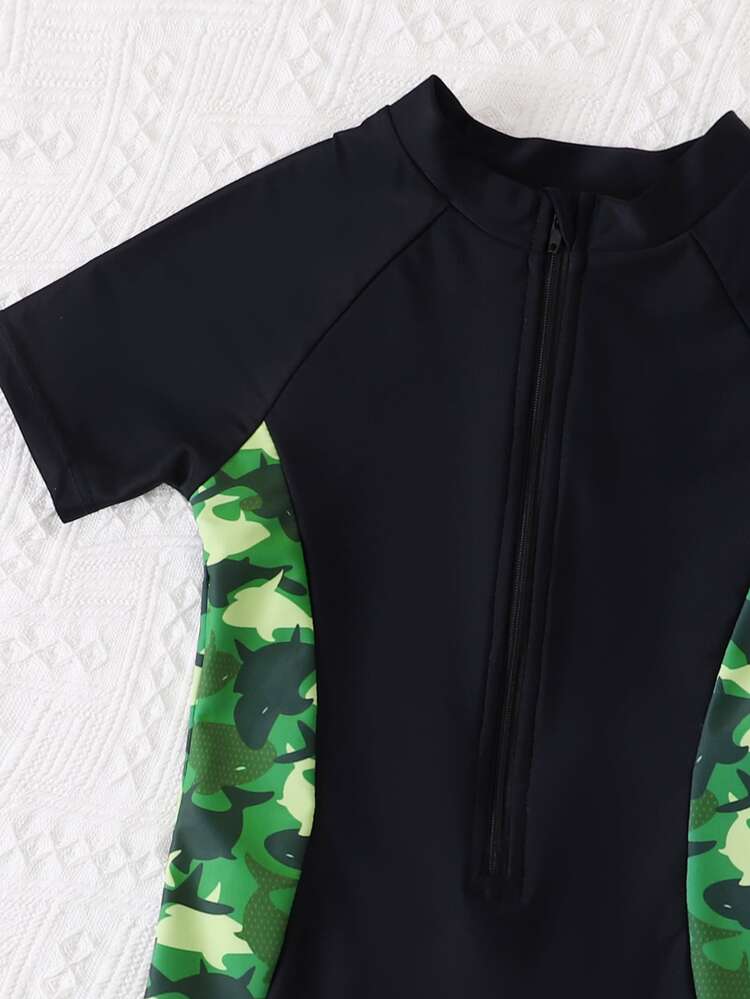 Niños Bañador una pieza con estampado al azar con cremallera delantera - Negro - Añade 4