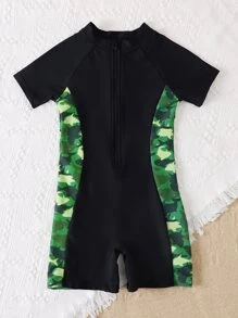 Boys Random Print Zipper Front One Piece Swimsuit - Black - View 5