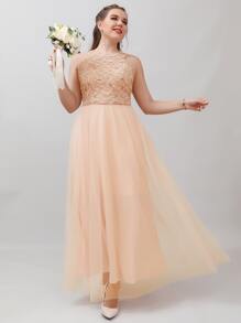 SHEIN Belle Vestido de dama de honor con encaje en contraste bajo con malla - Albaricoque - Ver 1