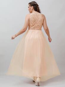 SHEIN Belle Vestido de dama de honor con encaje en contraste bajo con malla - Albaricoque - Ver 2