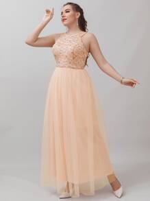 SHEIN Belle Vestido de dama de honor con encaje en contraste bajo con malla - Albaricoque - Ver 3