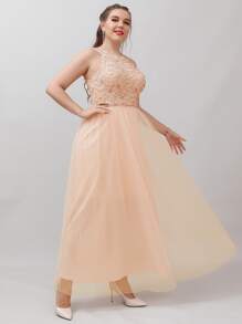 SHEIN Belle Vestido de dama de honor con encaje en contraste bajo con malla - Albaricoque - Ver 4