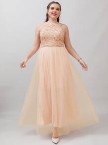 SHEIN Belle Vestido de dama de honor con encaje en contraste bajo con malla - Albaricoque - Ver 5