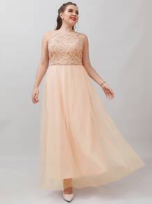 SHEIN Belle Vestido de dama de honor con encaje en contraste bajo con malla - Albaricoque - Ver 6