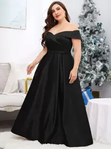 SHEIN Belle Vestido largo formal de dama de honor con pliegues, hombros descubiertos, talla grande, vestido de noche y cóctel negro para invitados de boda, graduación, cena y fiesta - Negro - Ver 3