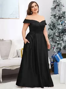 SHEIN Belle Vestido largo formal de dama de honor con pliegues, hombros descubiertos, talla grande, vestido de noche y cóctel negro para invitados de boda, graduación, cena y fiesta - Negro - Ver 4