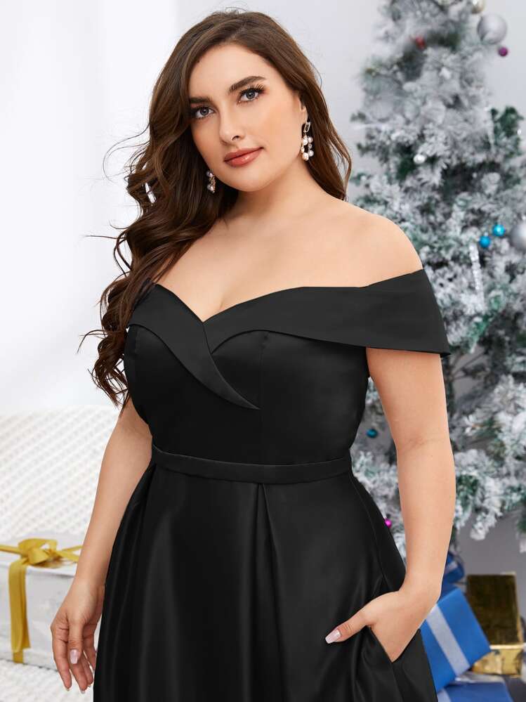 SHEIN Belle Plus Off Shoulder Fold Pleated Maxi Formal Bridesmaid Dress, Black Prom Evening Gown, For Wedding Guest, Graduation, Dinner, Party Dress - Black - View 5