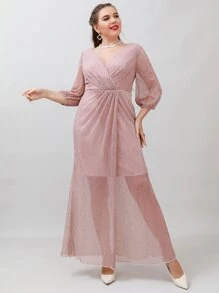 SHEIN Belle Plus Surplice Neck Ruched Glitter Bridesmaid Dress - Dusty Pink - View 1