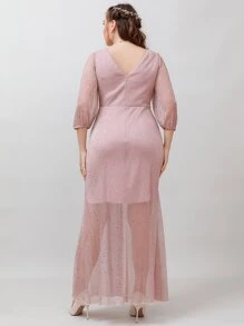 SHEIN Belle Plus Surplice Neck Ruched Glitter Bridesmaid Dress - Dusty Pink - View 2