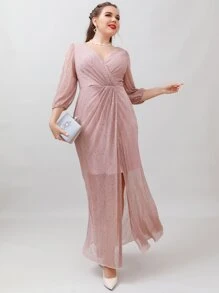 SHEIN Belle Plus Surplice Neck Ruched Glitter Bridesmaid Dress - Dusty Pink - View 3