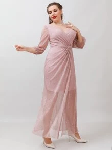 SHEIN Belle Plus Surplice Neck Ruched Glitter Bridesmaid Dress - Dusty Pink - View 4